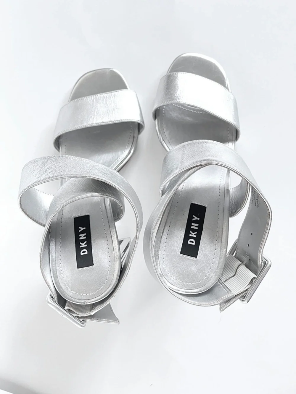 DKNY Women's Silver Metallic Leather Strappy Block Heeled Sandals Size: 9M